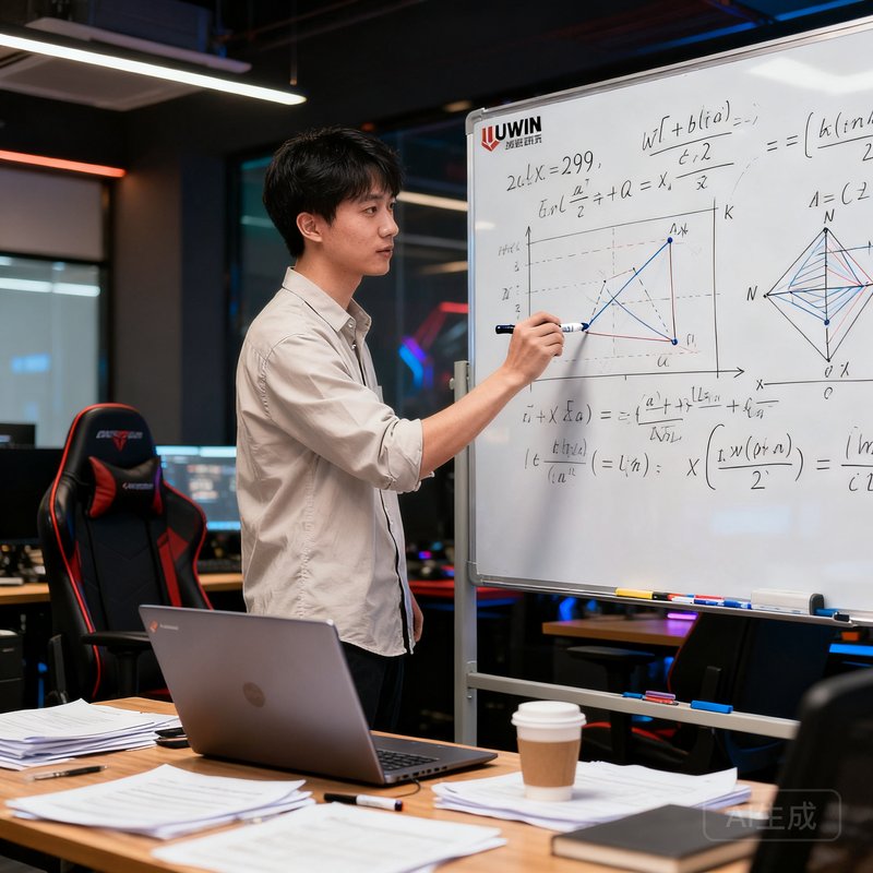UWIN电竞首席数据分析师王思涵，29岁，数学博士背景，在办公室白板前推导战术预测模型