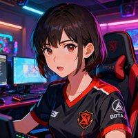 一位短发女性电竞爱好者头像，身穿DOTA2战队队服，背景为电竞网吧